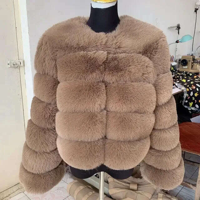 KIMLUD, Winter Faux Fur Coat Jacket Luxury Coat Women Imitation Fur Jacket Thick Warm Ladies Fur Jackets Fashion Fuzzy Plush Coats, Dark Camel / XL, KIMLUD APPAREL - Womens Clothes