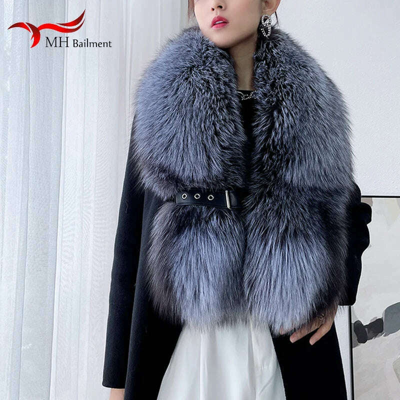 KIMLUD, Winter Fox Fur Scarf Long Fur Collar Silver Fox Real Fur Shawl Russian Scarfs For Ladies Neck Luxury Fashion Scarves Womens, KIMLUD Womens Clothes