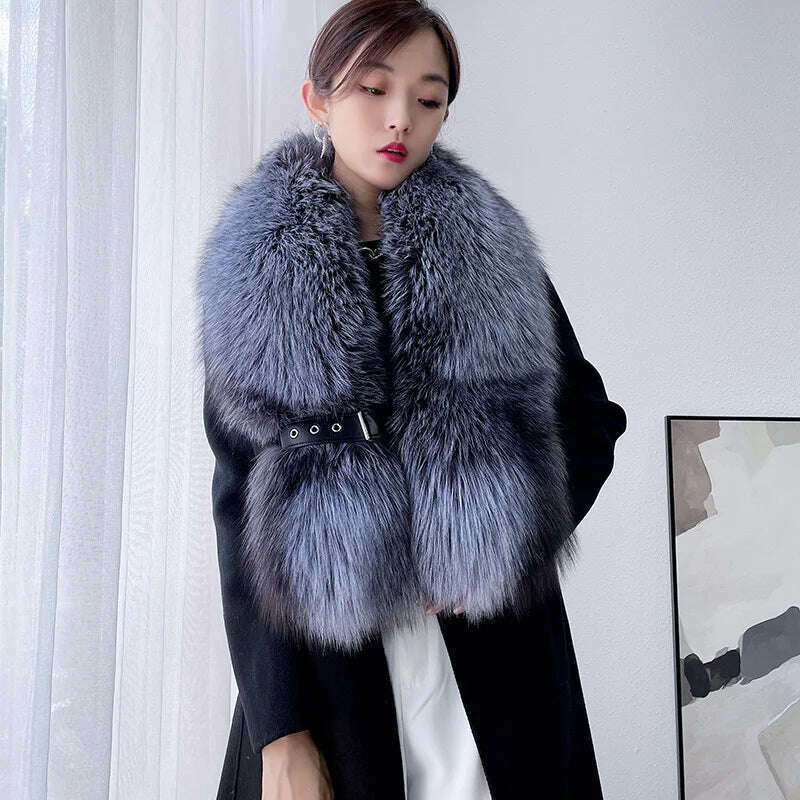 KIMLUD, Winter Fox Fur Scarf Long Fur Collar Silver Fox Real Fur Shawl Russian Scarfs For Ladies Neck Luxury Fashion Scarves Womens, Silver-Belt Buckle / Long125 width 20CM, KIMLUD APPAREL - Womens Clothes