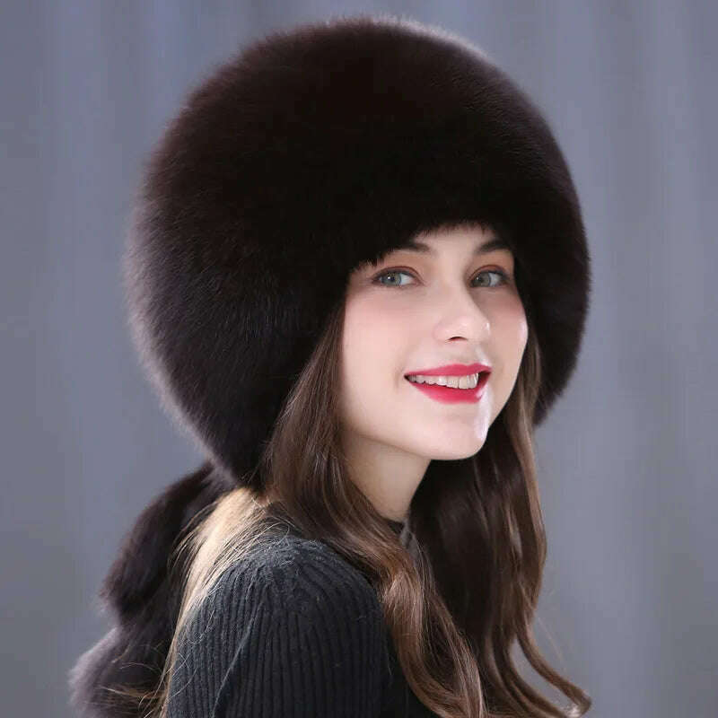 KIMLUD, Winter Fur Hat Women Natural Raccoon Fox Fur Russian Hats Winter Outdoor Thick Warm Bomber Ears Caps, Brown, KIMLUD APPAREL - Womens Clothes