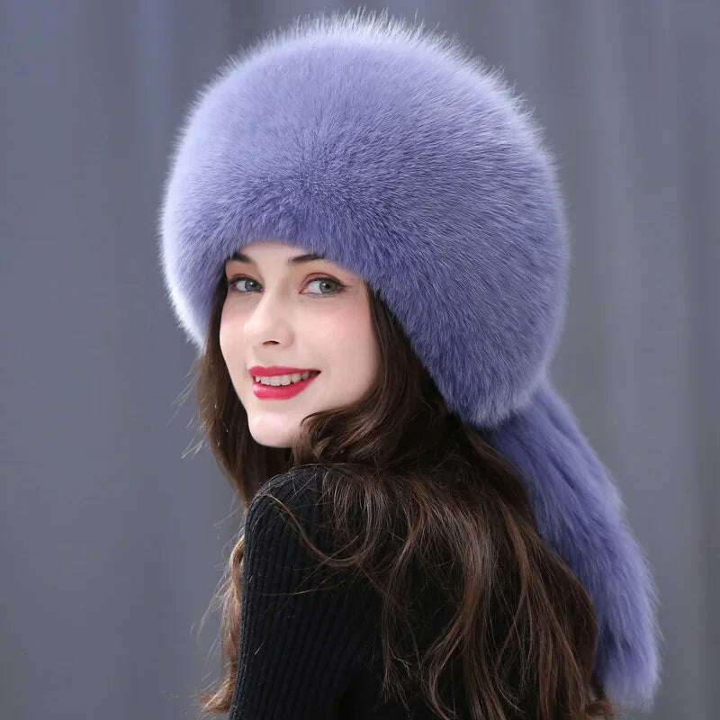 KIMLUD, Winter Fur Hat Women Natural Raccoon Fox Fur Russian Hats Winter Outdoor Thick Warm Bomber Ears Caps, Light Blue, KIMLUD APPAREL - Womens Clothes