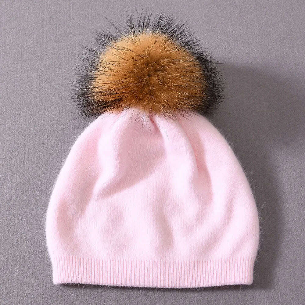 KIMLUD, Winter Hat Beanie Plain Knitted Autumn Winter Warm Cashmere Soft Slouchy Skull Caps Beanies Men Women Street Hats, Baby pink-naturalpom, KIMLUD APPAREL - Womens Clothes