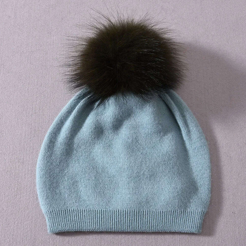 KIMLUD, Winter Hat Beanie Plain Knitted Autumn Winter Warm Cashmere Soft Slouchy Skull Caps Beanies Men Women Street Hats, Blue-match pom, KIMLUD APPAREL - Womens Clothes