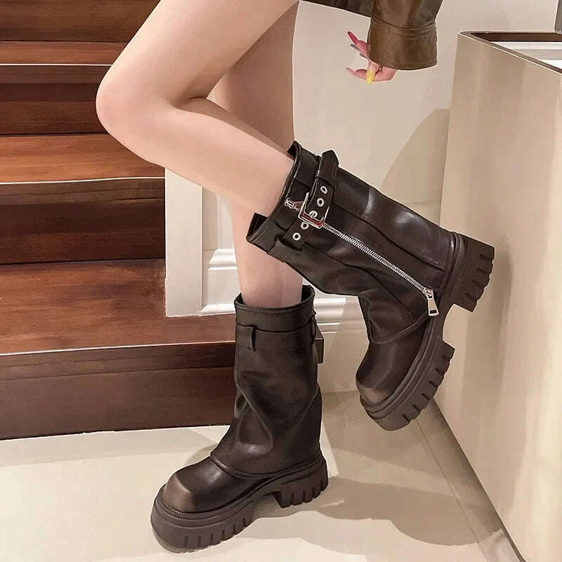 KIMLUD, Winter New Women's High Boots Side Zippers Long Pipe Botas Ladies Elegant Platform Buckle Strap Shoes Thick Bottom Knigh Booties, KIMLUD Womens Clothes