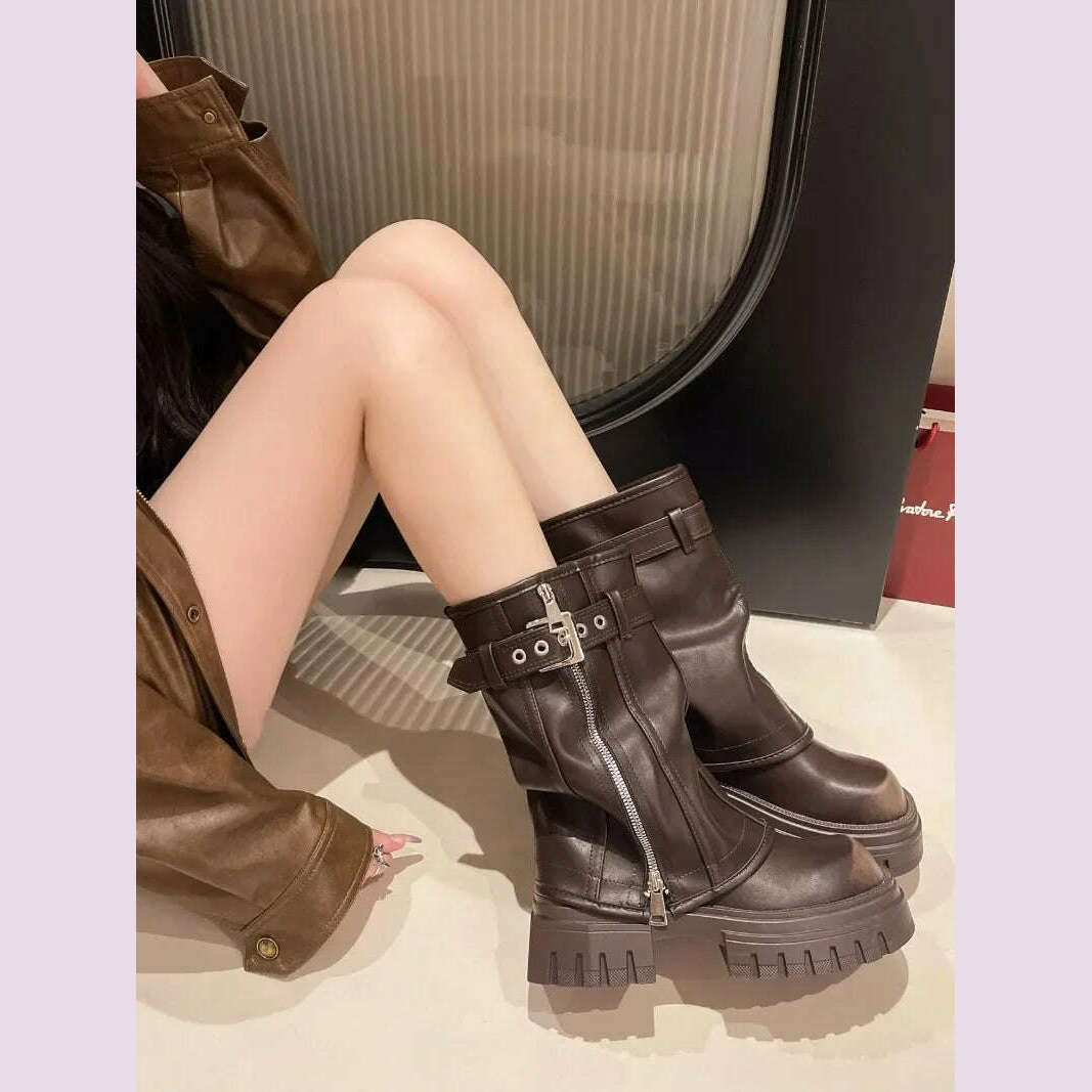 KIMLUD, Winter New Women's High Boots Side Zippers Long Pipe Botas Ladies Elegant Platform Buckle Strap Shoes Thick Bottom Knigh Booties, KIMLUD Womens Clothes