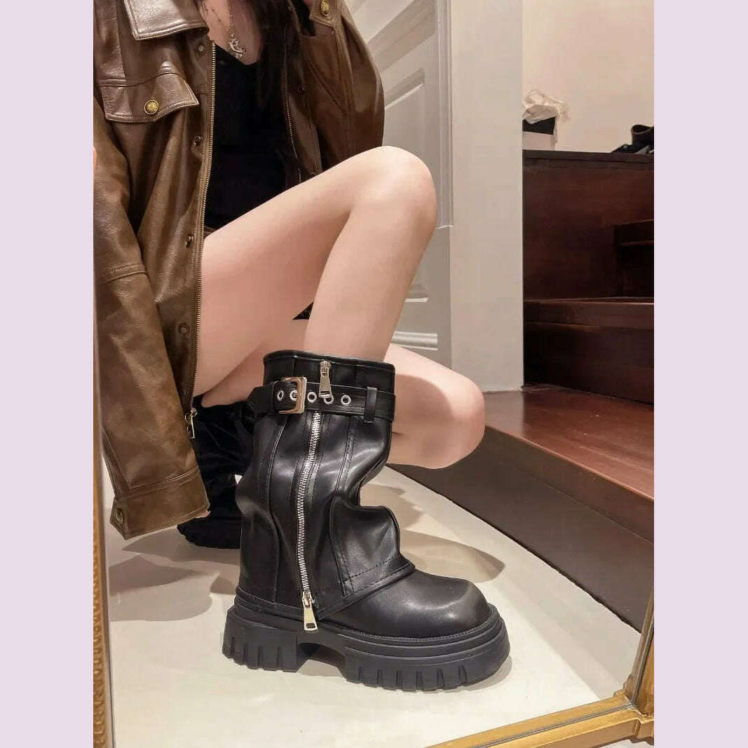 KIMLUD, Winter New Women's High Boots Side Zippers Long Pipe Botas Ladies Elegant Platform Buckle Strap Shoes Thick Bottom Knigh Booties, KIMLUD Womens Clothes