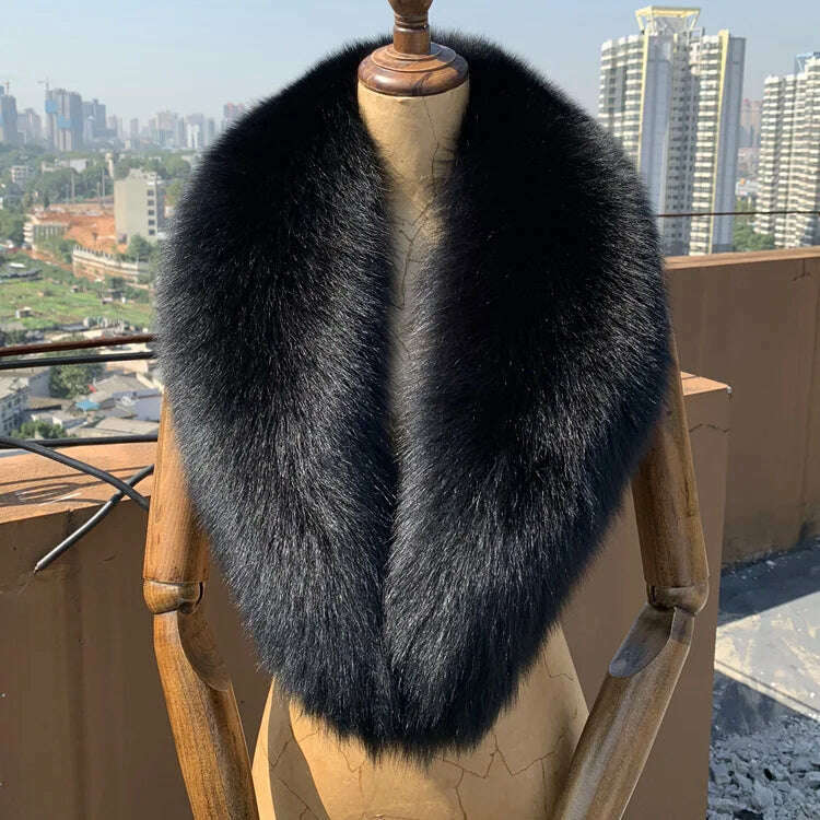 KIMLUD, Winter Real Fox Fur Collar Woman Black Natural Fur Scarf Shawl For Women Collars Wraps Neck Warmer Fur Scarves Luxery Scarf Men, Black / Lining length 75cm, KIMLUD APPAREL - Womens Clothes