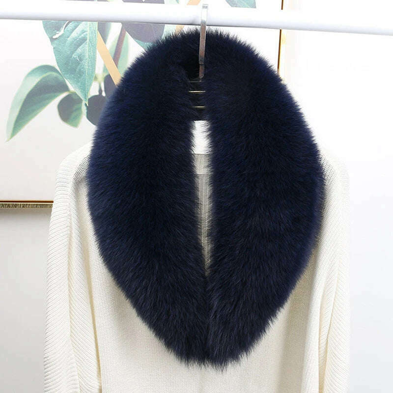 KIMLUD, Winter Real Fox Fur Collar Woman Black Natural Fur Scarf Shawl For Women Collars Wraps Neck Warmer Fur Scarves Luxery Scarf Men, Navy blue / Lining length 75cm, KIMLUD APPAREL - Womens Clothes