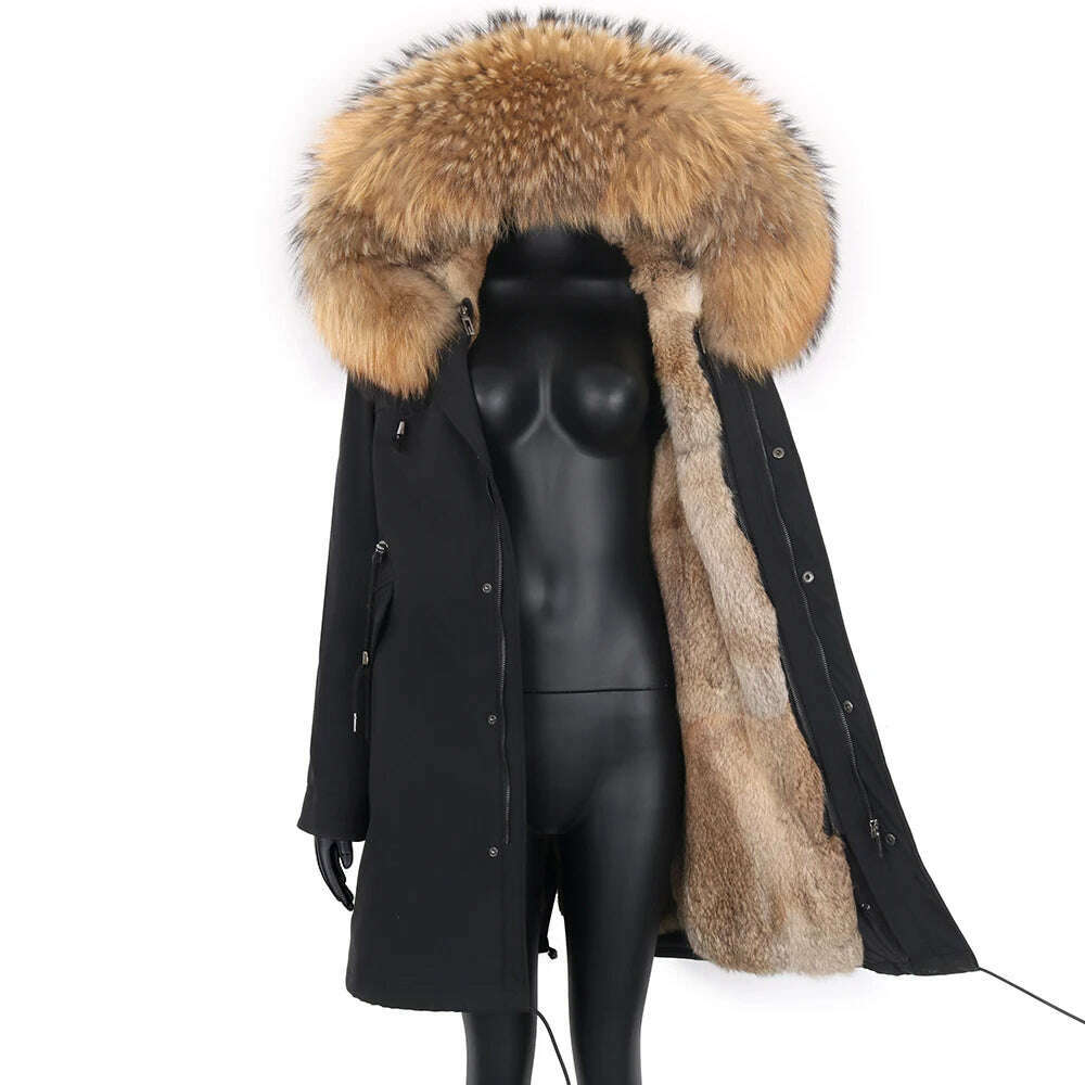 Winter Real Rabbit Fur Coat Women Long Jacket Waterproof Parkas Rex Rabbit Liner Removable Raccoon Fur Collar Hooded Outwear - KIMLUD