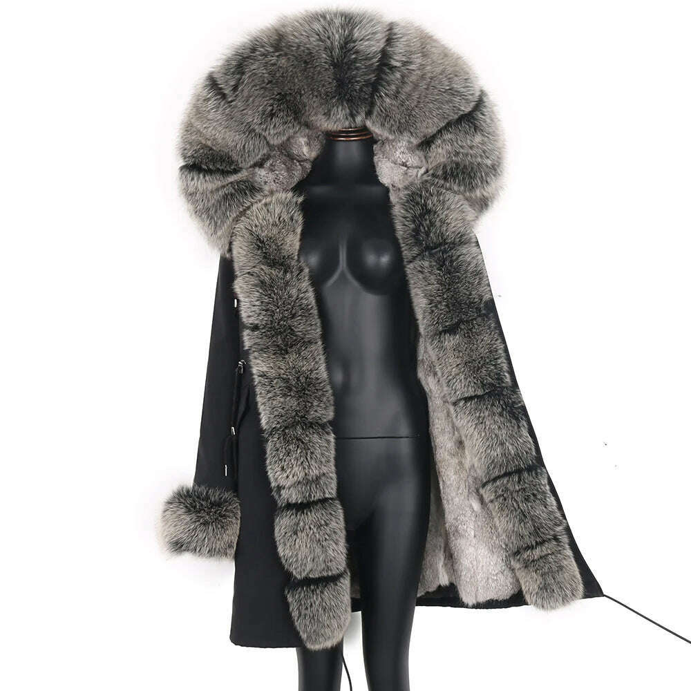 KIMLUD, Winter Real Rabbit Fur Coat Women Long Jacket Waterproof Parkas Rex Rabbit Liner Removable Raccoon Fur Collar Hooded Outwear, KIMLUD Womens Clothes