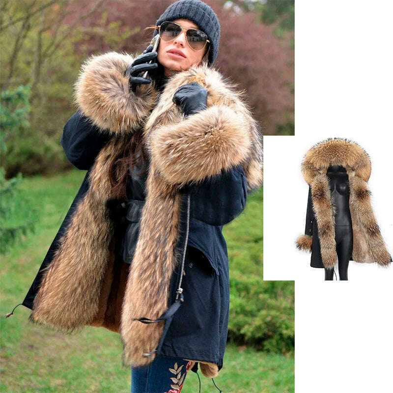 Winter Real Rabbit Fur Coat Women Long Jacket Waterproof Parkas Rex Rabbit Liner Removable Raccoon Fur Collar Hooded Outwear - KIMLUD