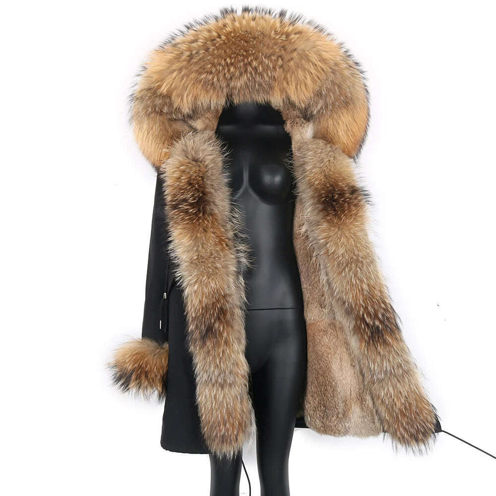 Winter Real Rabbit Fur Coat Women Long Jacket Waterproof Parkas Rex Rabbit Liner Removable Raccoon Fur Collar Hooded Outwear - KIMLUD