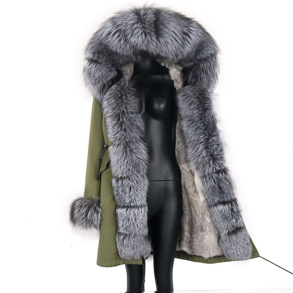 KIMLUD, Winter Real Rabbit Fur Coat Women Long Jacket Waterproof Parkas Rex Rabbit Liner Removable Raccoon Fur Collar Hooded Outwear, KIMLUD Womens Clothes