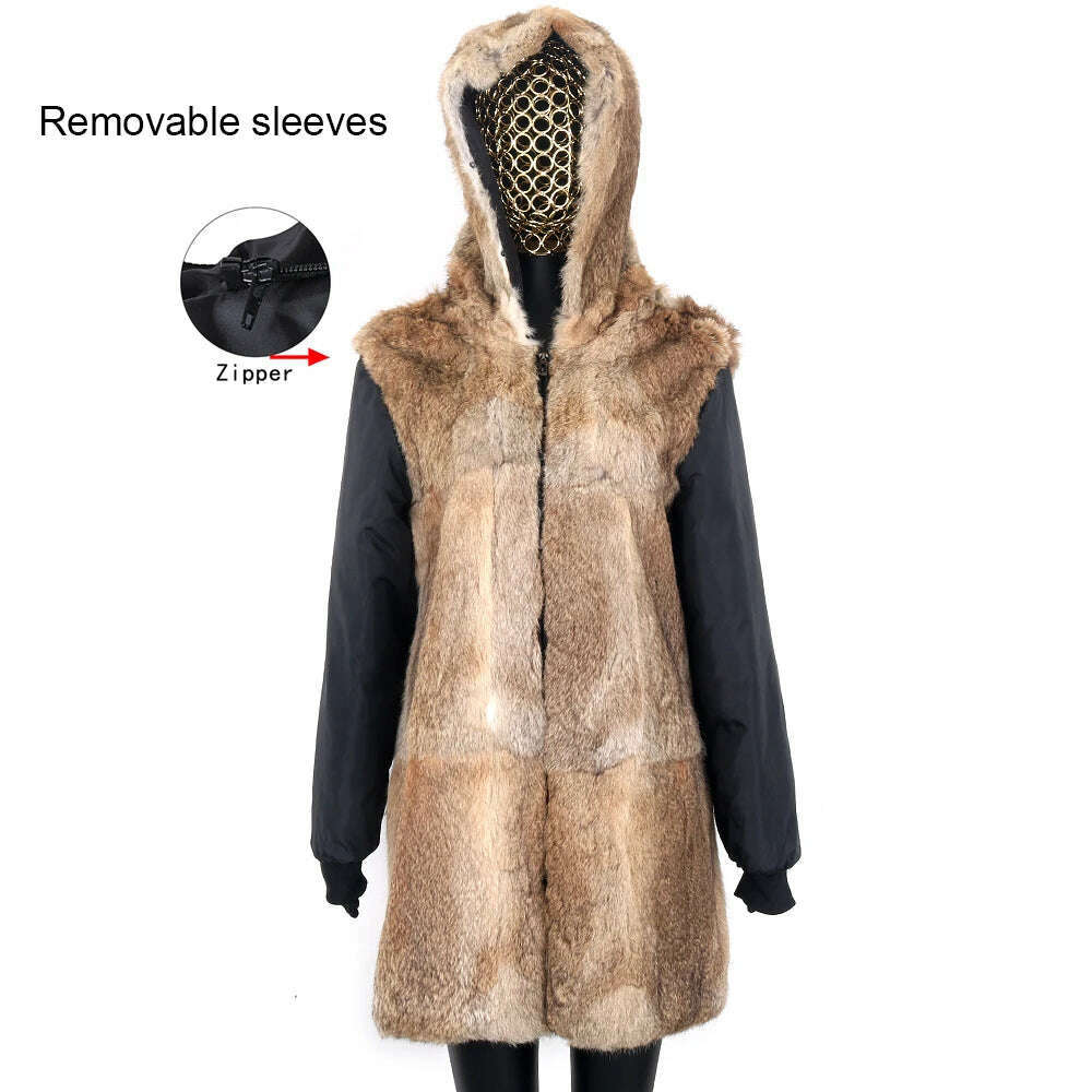 KIMLUD, Winter Real Rabbit Fur Coat Women Long Jacket Waterproof Parkas Rex Rabbit Liner Removable Raccoon Fur Collar Hooded Outwear, KIMLUD Womens Clothes