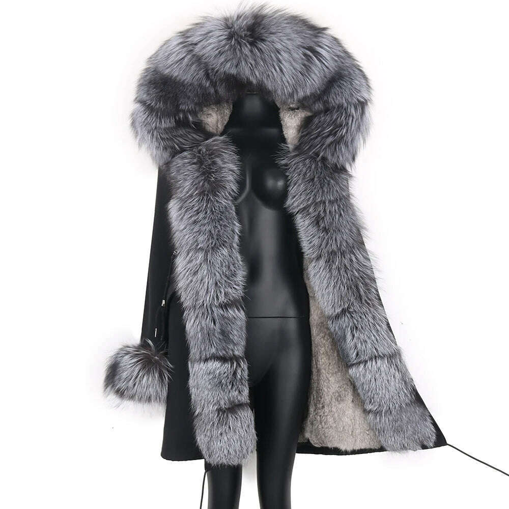 Winter Real Rabbit Fur Coat Women Long Jacket Waterproof Parkas Rex Rabbit Liner Removable Raccoon Fur Collar Hooded Outwear - KIMLUD