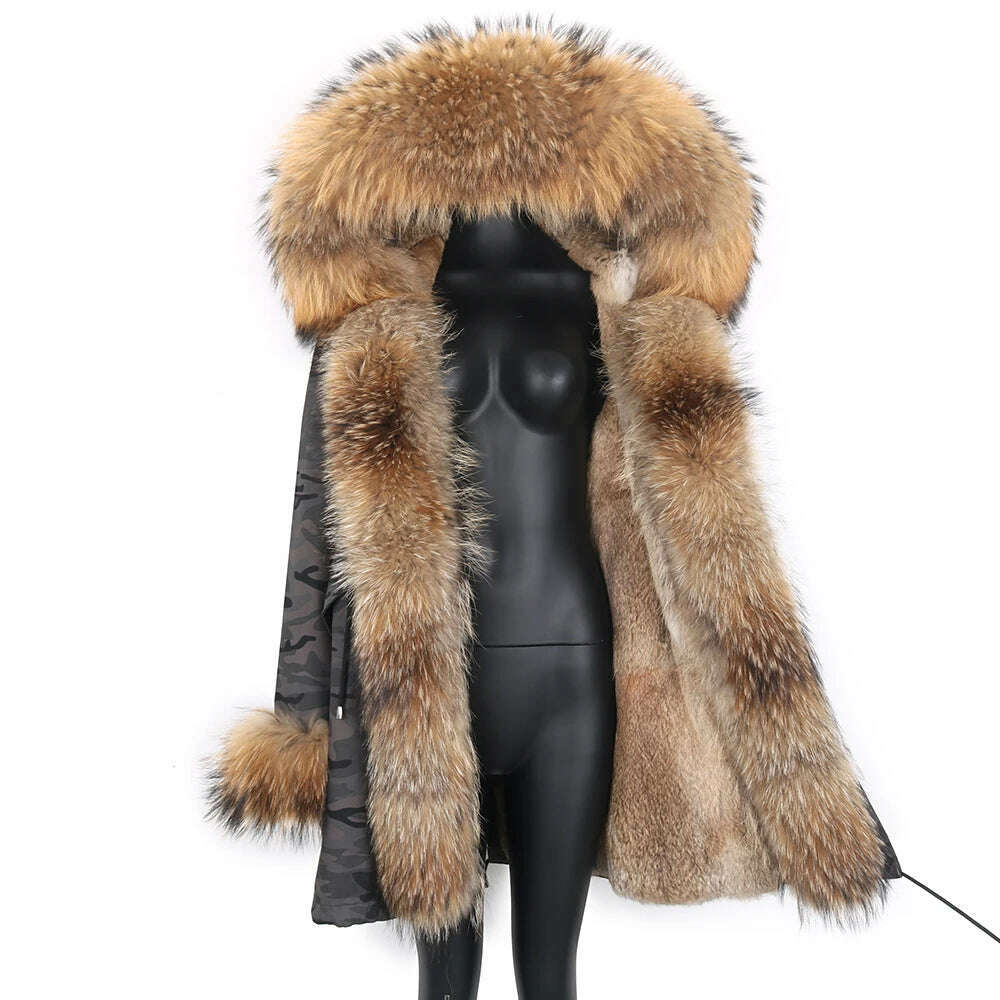 KIMLUD, Winter Real Rabbit Fur Coat Women Long Jacket Waterproof Parkas Rex Rabbit Liner Removable Raccoon Fur Collar Hooded Outwear, KIMLUD Womens Clothes