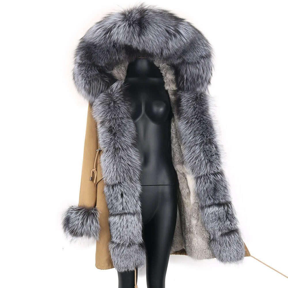 KIMLUD, Winter Real Rabbit Fur Coat Women Long Jacket Waterproof Parkas Rex Rabbit Liner Removable Raccoon Fur Collar Hooded Outwear, KIMLUD Womens Clothes