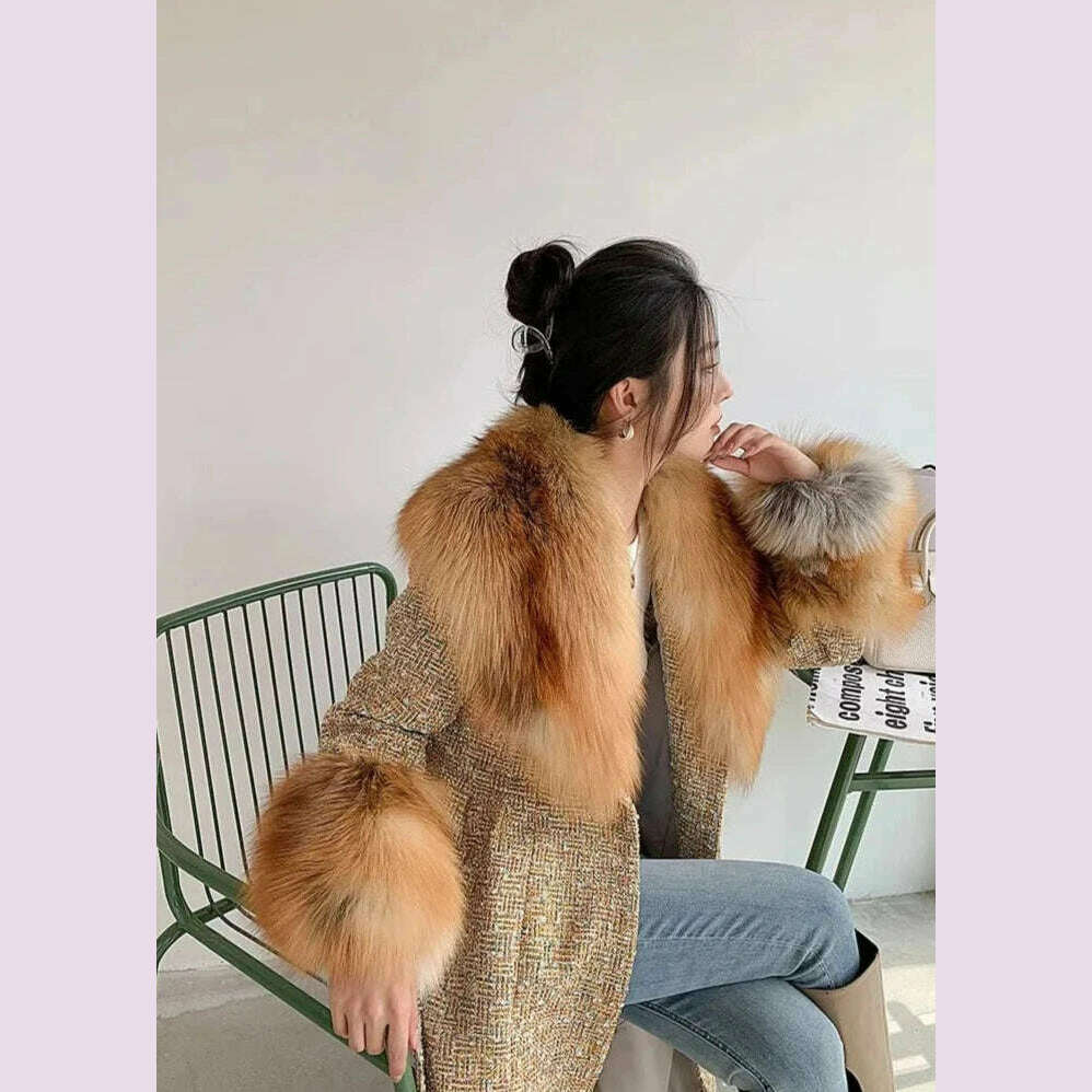 KIMLUD, Winter super fluffy warm real fox fur collar down jacket cotton coat leather collar sleeve  real fur universal scarf, KIMLUD Womens Clothes