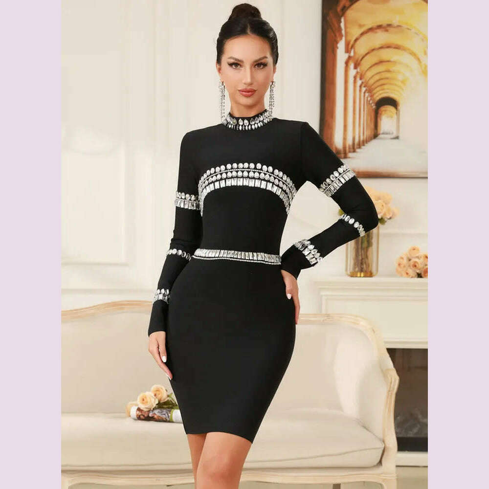 KIMLUD, Winter Women Celebrity Sexy Long Sleeve Diamonds Beading Black Mini Bandage Dress 2024 Knitted Elegant Evening Club Party Dress, black / XS, KIMLUD APPAREL - Womens Clothes