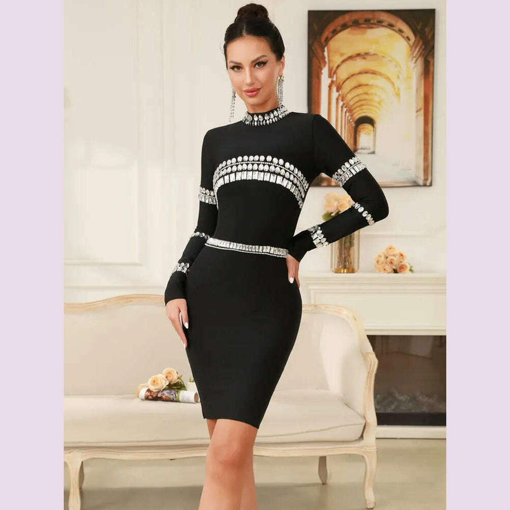 KIMLUD, Winter Women Celebrity Sexy Long Sleeve Diamonds Beading Black Mini Bandage Dress 2024 Knitted Elegant Evening Club Party Dress, KIMLUD Womens Clothes