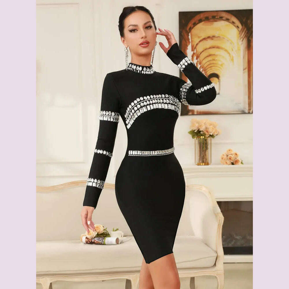 KIMLUD, Winter Women Celebrity Sexy Long Sleeve Diamonds Beading Black Mini Bandage Dress 2024 Knitted Elegant Evening Club Party Dress, KIMLUD Womens Clothes