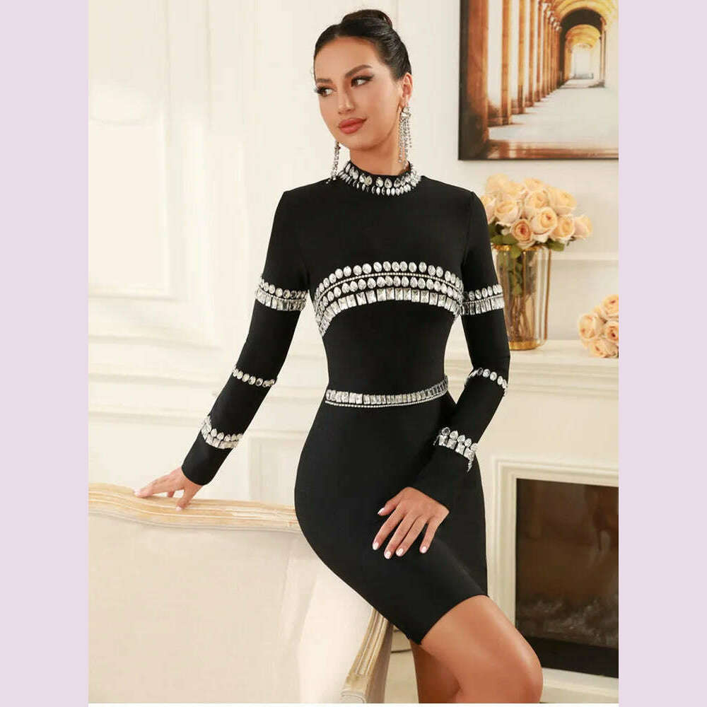 KIMLUD, Winter Women Celebrity Sexy Long Sleeve Diamonds Beading Black Mini Bandage Dress 2024 Knitted Elegant Evening Club Party Dress, KIMLUD Womens Clothes