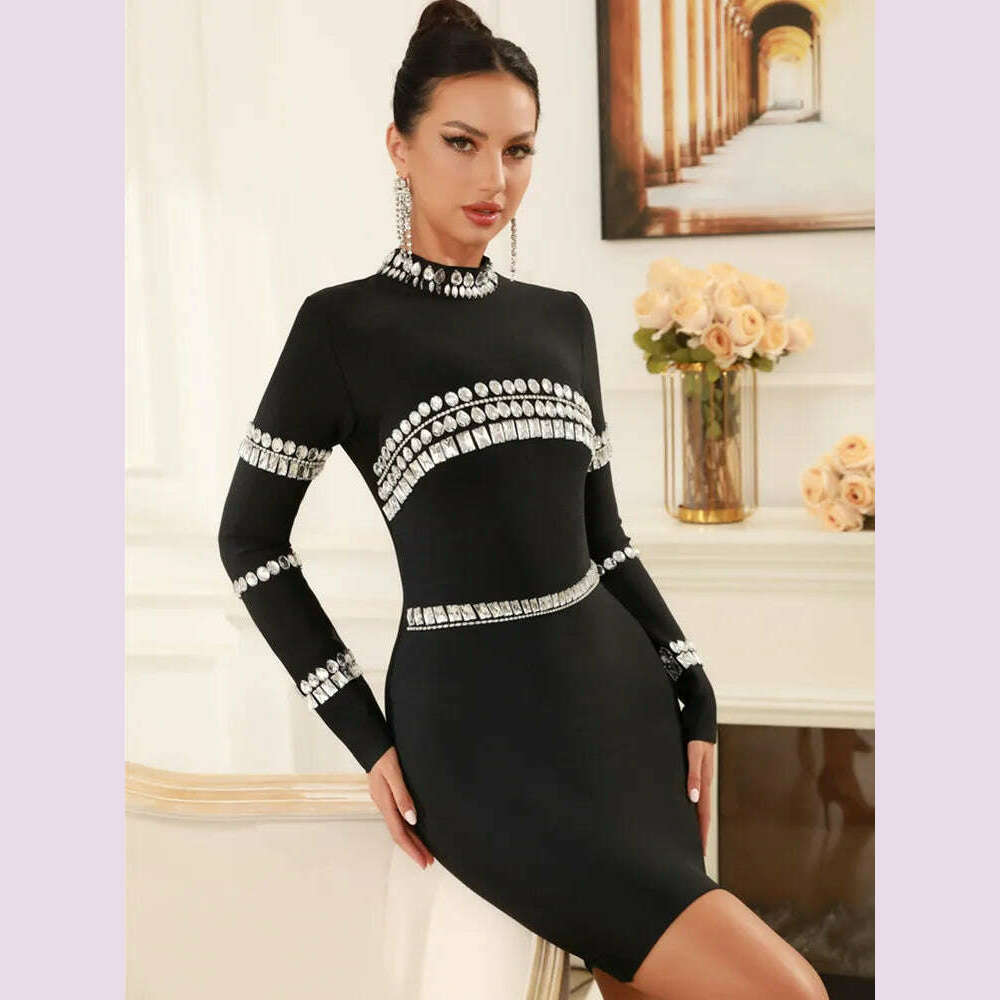 Winter Women Celebrity Sexy Long Sleeve Diamonds Beading Black Mini Bandage Dress 2024 Knitted Elegant Evening Club Party Dress - KIMLUD