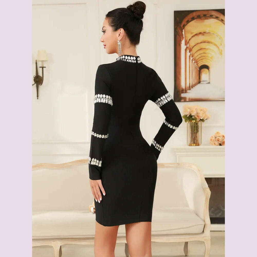 Winter Women Celebrity Sexy Long Sleeve Diamonds Beading Black Mini Bandage Dress 2024 Knitted Elegant Evening Club Party Dress - KIMLUD