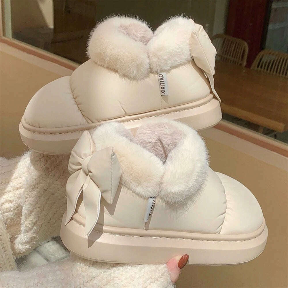 KIMLUD, Winter Women Cute Warm Ankle Boots Outdoor Non-slip Thick Sole Snow Boots Furry Bow Cotton Shoes Men Pu Waterproof Plush Boots, KIMLUD Womens Clothes