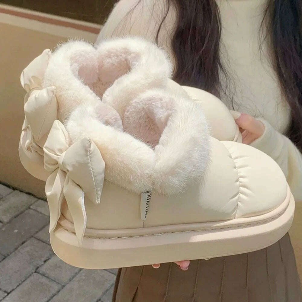 KIMLUD, Winter Women Cute Warm Ankle Boots Outdoor Non-slip Thick Sole Snow Boots Furry Bow Cotton Shoes Men Pu Waterproof Plush Boots, KIMLUD Womens Clothes