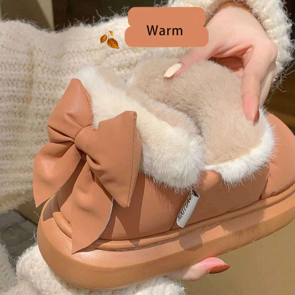 KIMLUD, Winter Women Cute Warm Ankle Boots Outdoor Non-slip Thick Sole Snow Boots Furry Bow Cotton Shoes Men Pu Waterproof Plush Boots, KIMLUD Womens Clothes