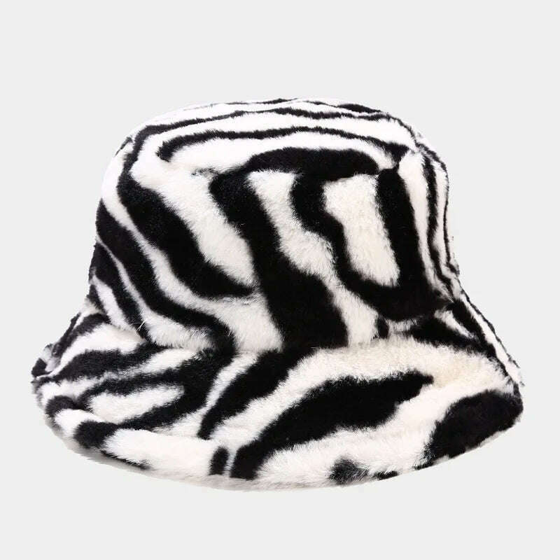 KIMLUD, Winter Zebra Pattern Faux Fur Fluffy Bucket Hats Women Outdoor Warm Sun Hat Soft Velvet Furly Fisherman Cap Lady Fashion Panama, Write / 54-58cm, KIMLUD APPAREL - Womens Clothes