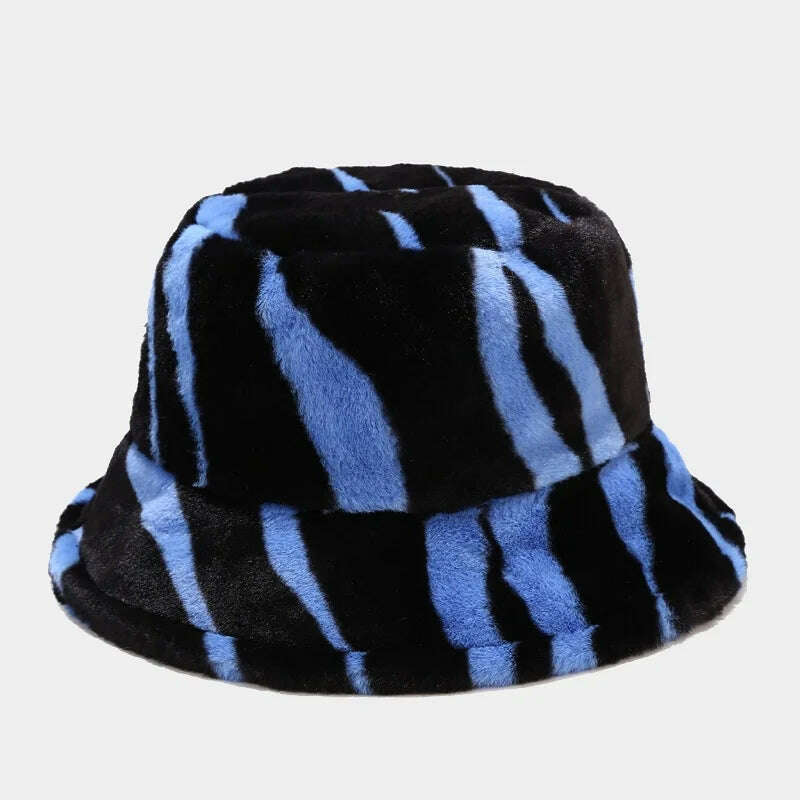 KIMLUD, Winter Zebra Pattern Faux Fur Fluffy Bucket Hats Women Outdoor Warm Sun Hat Soft Velvet Furly Fisherman Cap Lady Fashion Panama, Blue / 54-58cm, KIMLUD APPAREL - Womens Clothes