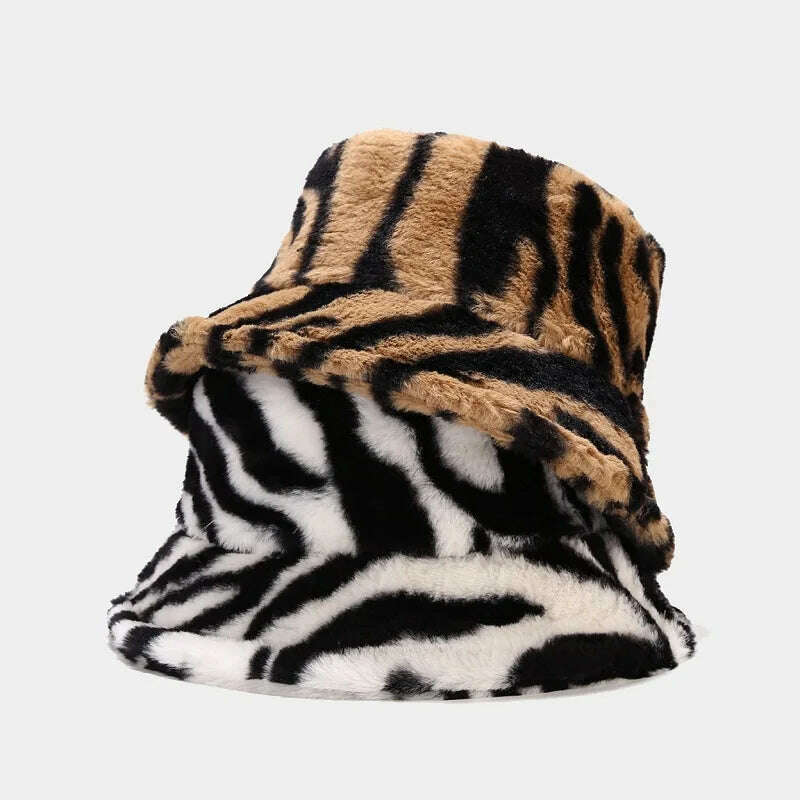 KIMLUD, Winter Zebra Pattern Faux Fur Fluffy Bucket Hats Women Outdoor Warm Sun Hat Soft Velvet Furly Fisherman Cap Lady Fashion Panama, KIMLUD Womens Clothes