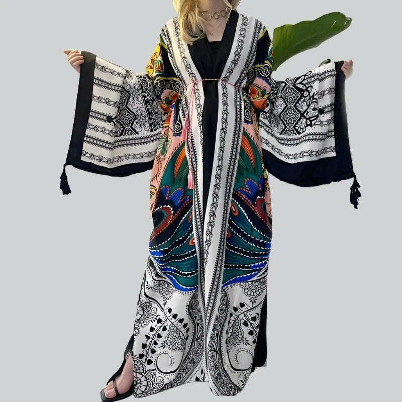 KIMLUD, WINYI Spring dress 2021 Women KIMONO Cardigan stitch robe Cocktail sexcy Boho Maxi African Holiday Batwing Sleeve Silk Robe, KIMLUD Womens Clothes