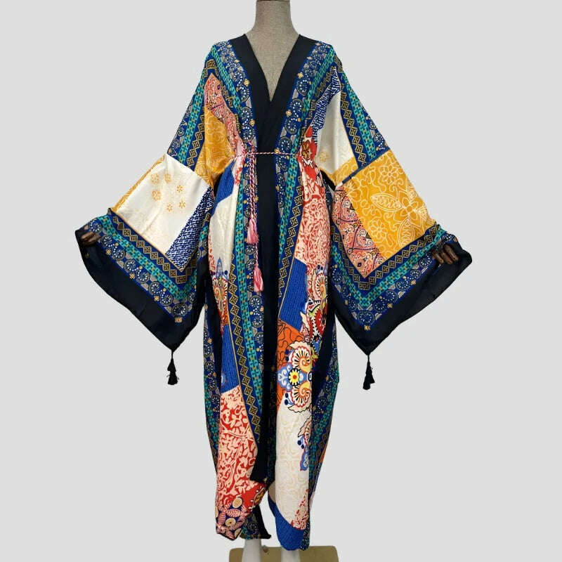 KIMLUD, WINYI Spring dress 2021 Women KIMONO Cardigan stitch robe Cocktail sexcy Boho Maxi African Holiday Batwing Sleeve Silk Robe, 7 / One Size, KIMLUD APPAREL - Womens Clothes