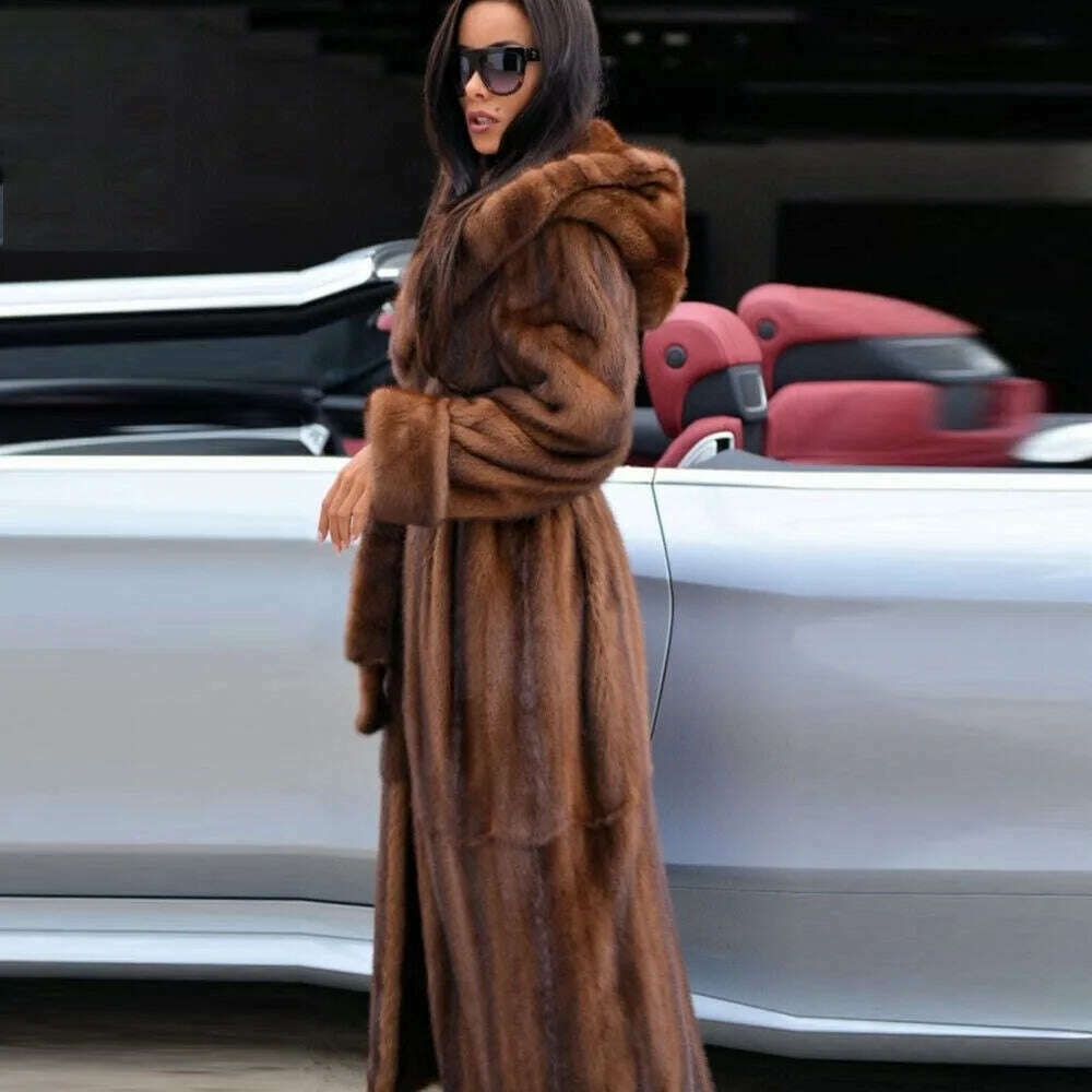 KIMLUD, Women 100% Real Mink Fur Coat Hooded Trench winter Warm Overcoat Long Jacket 120cm luxurious authentic outwear for lady female, KIMLUD Womens Clothes