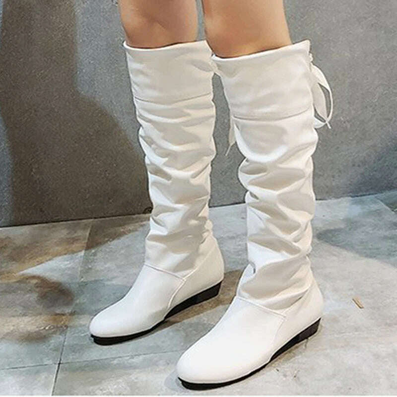 Women 2023 Spring Knee High Boots Red Black White Tall Boots Woman Pleated Low Heel Casual Leather Female Long Shoes - KIMLUD