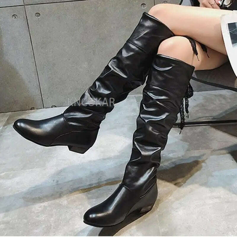 KIMLUD, Women 2023 Spring Knee High Boots Red Black White Tall Boots Woman Pleated Low Heel Casual Leather Female Long Shoes, KIMLUD Womens Clothes