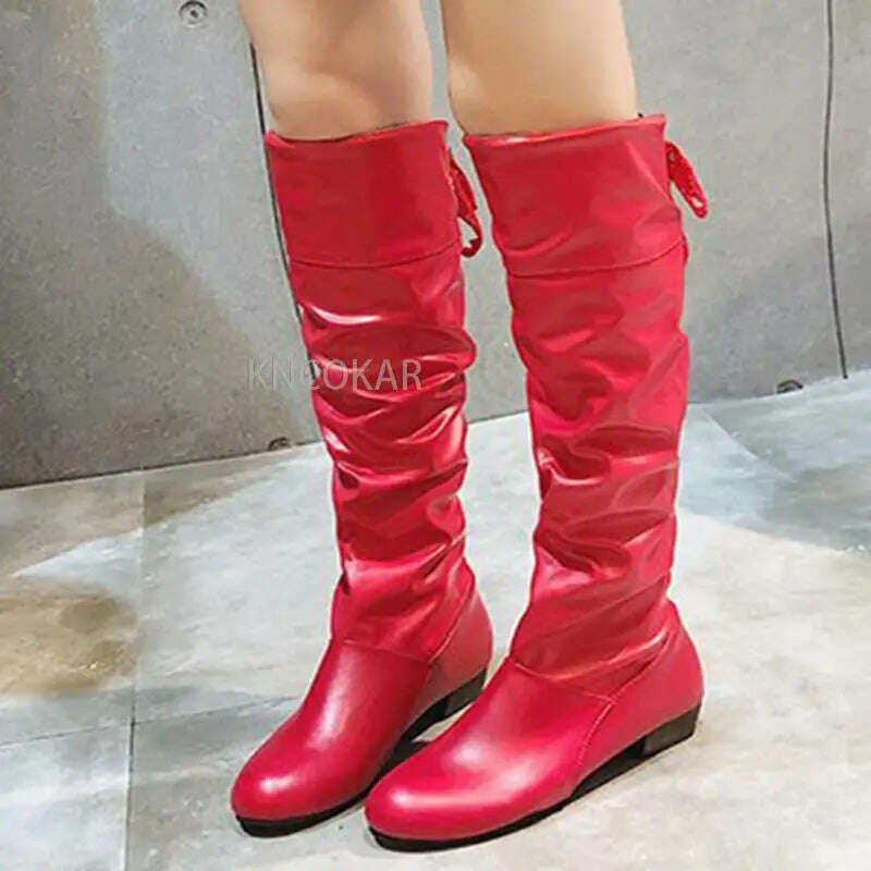 KIMLUD, Women 2023 Spring Knee High Boots Red Black White Tall Boots Woman Pleated Low Heel Casual Leather Female Long Shoes, KIMLUD Womens Clothes