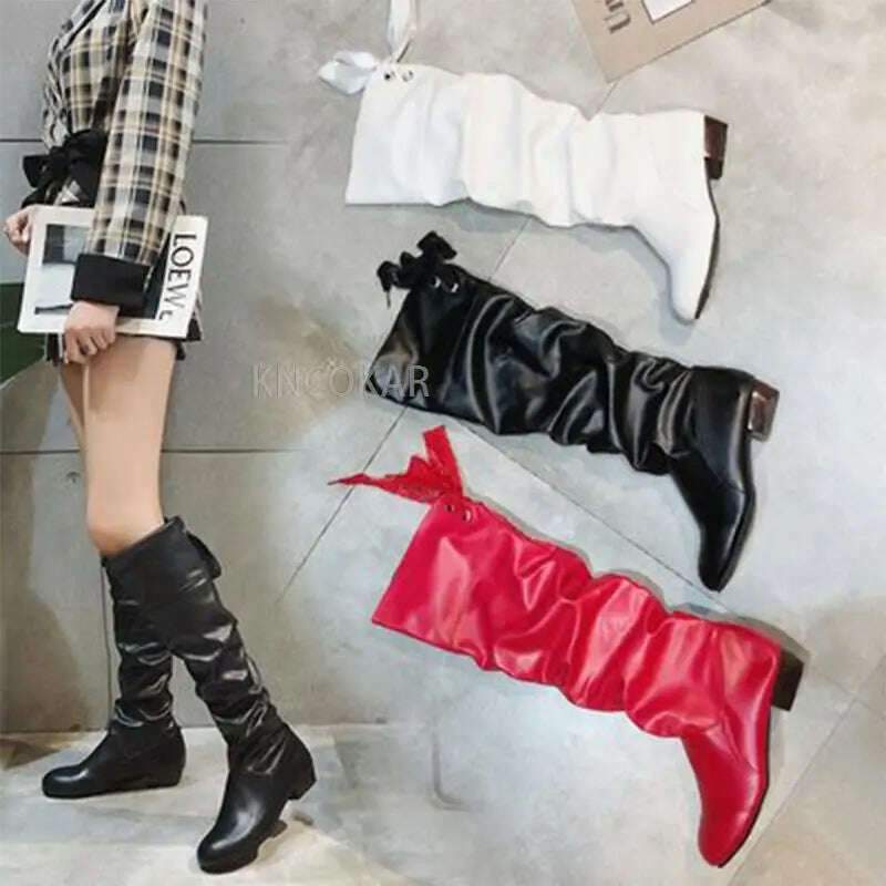 KIMLUD, Women 2023 Spring Knee High Boots Red Black White Tall Boots Woman Pleated Low Heel Casual Leather Female Long Shoes, KIMLUD Womens Clothes