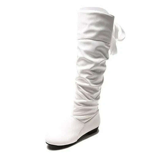 KIMLUD, Women 2023 Spring Knee High Boots Red Black White Tall Boots Woman Pleated Low Heel Casual Leather Female Long Shoes, White / 41, KIMLUD APPAREL - Womens Clothes