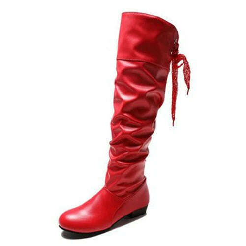 KIMLUD, Women 2023 Spring Knee High Boots Red Black White Tall Boots Woman Pleated Low Heel Casual Leather Female Long Shoes, red / 35, KIMLUD APPAREL - Womens Clothes