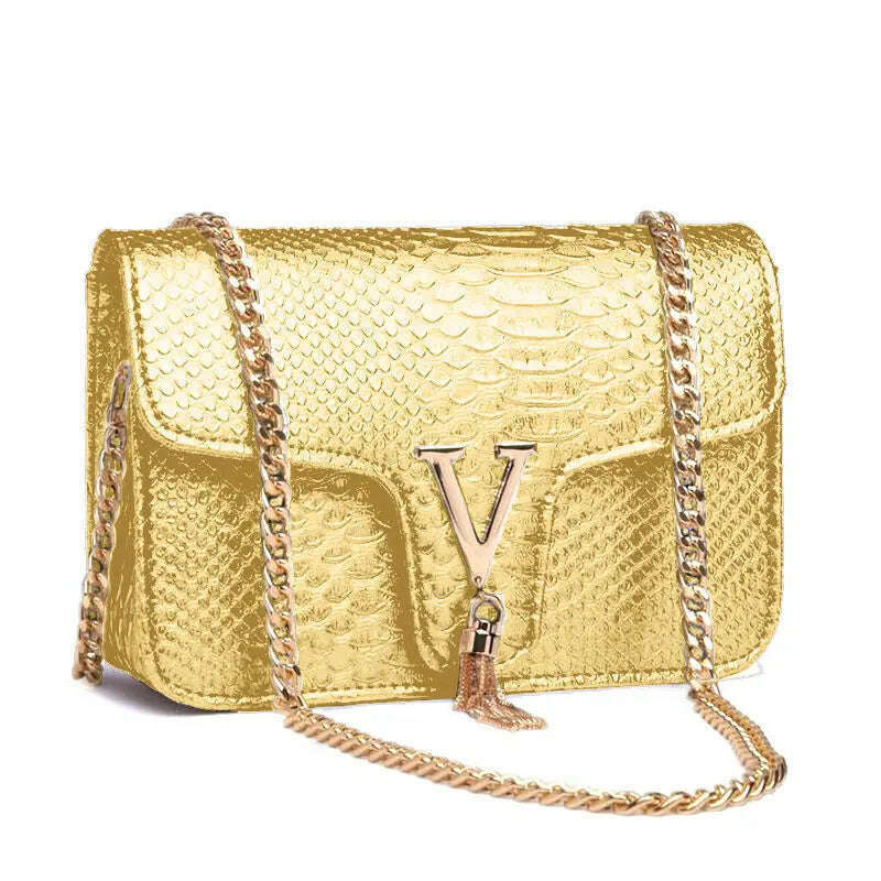 KIMLUD, Women Alligator Crocodile Pattern Crossbody Bags 2022 Luxury Brand Lady Chain Shoulder Bag Gold Orange Blue Handbag Totes Clutch, Yellow-Gold, KIMLUD APPAREL - Womens Clothes