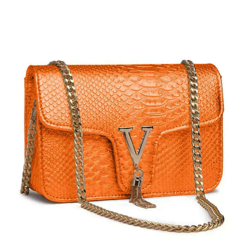 KIMLUD, Women Alligator Crocodile Pattern Crossbody Bags 2022 Luxury Brand Lady Chain Shoulder Bag Gold Orange Blue Handbag Totes Clutch, orange, KIMLUD APPAREL - Womens Clothes