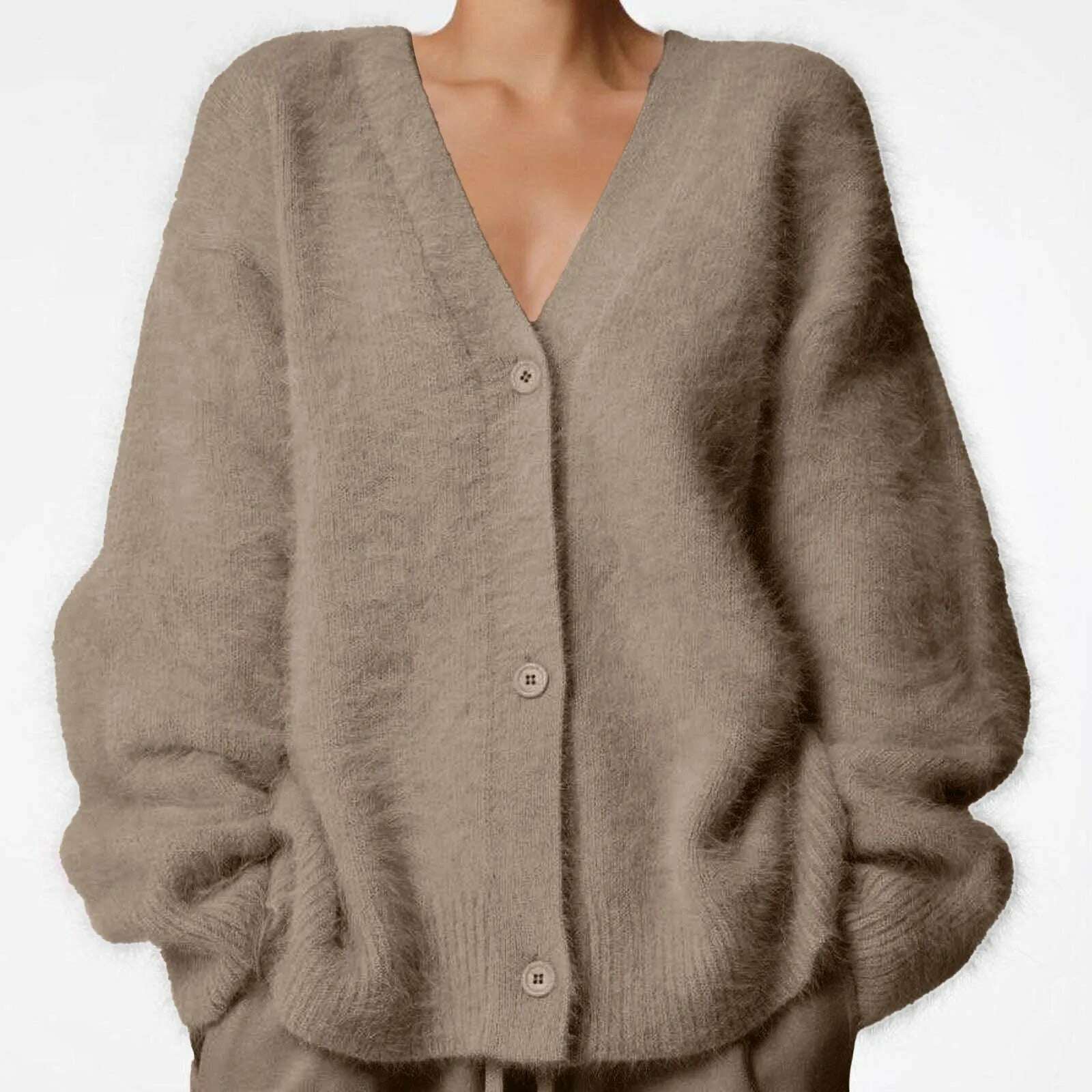 KIMLUD, Women Autumn Winter Sweater Cardigan Fashion Solid Knitted Loose Long Sleeve Cardigan Ladies Soft Fleece Jacket Cardigan Tops, Khaki / S / United States, KIMLUD APPAREL - Womens Clothes