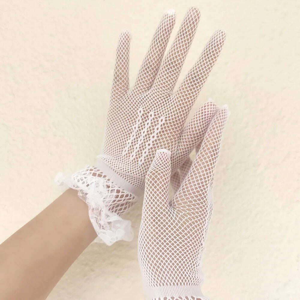 Women Black White Summer Uv-proof Driving Gloves Female Thin Fishnet Mesh Gloves Fashion Ruffle Full Finger Lace Mittens - KIMLUD