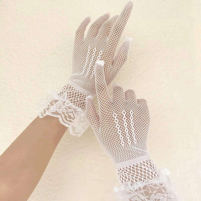 Women Black White Summer Uv-proof Driving Gloves Female Thin Fishnet Mesh Gloves Fashion Ruffle Full Finger Lace Mittens - KIMLUD