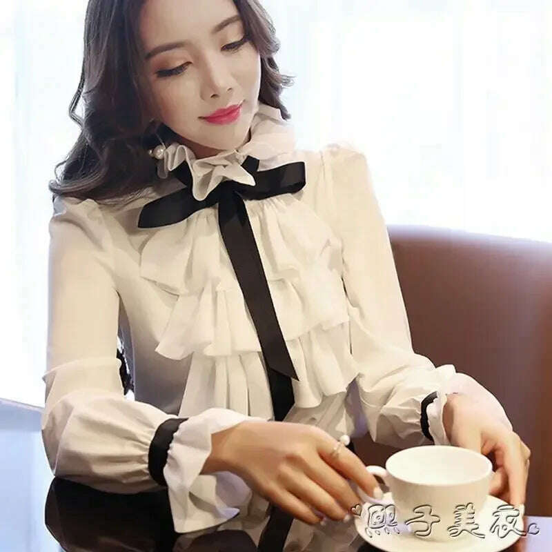 KIMLUD, Women Blouse White Shirt Women's Long Sleeve Vintage Ruffled Chiffon Shirt Top Blusas Ropa De Mujer, KIMLUD Womens Clothes