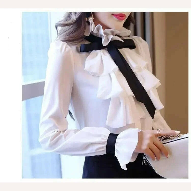 KIMLUD, Women Blouse White Shirt Women's Long Sleeve Vintage Ruffled Chiffon Shirt Top Blusas Ropa De Mujer, KIMLUD Womens Clothes